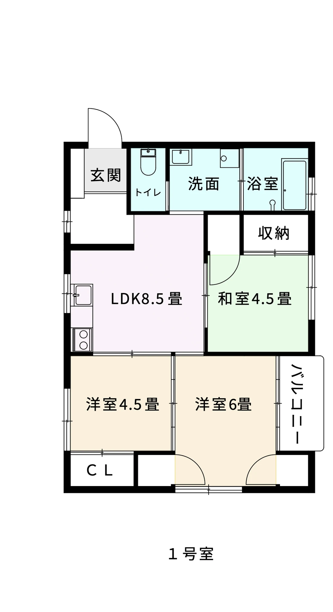 Type A 間取り図（1号室・3LDK）